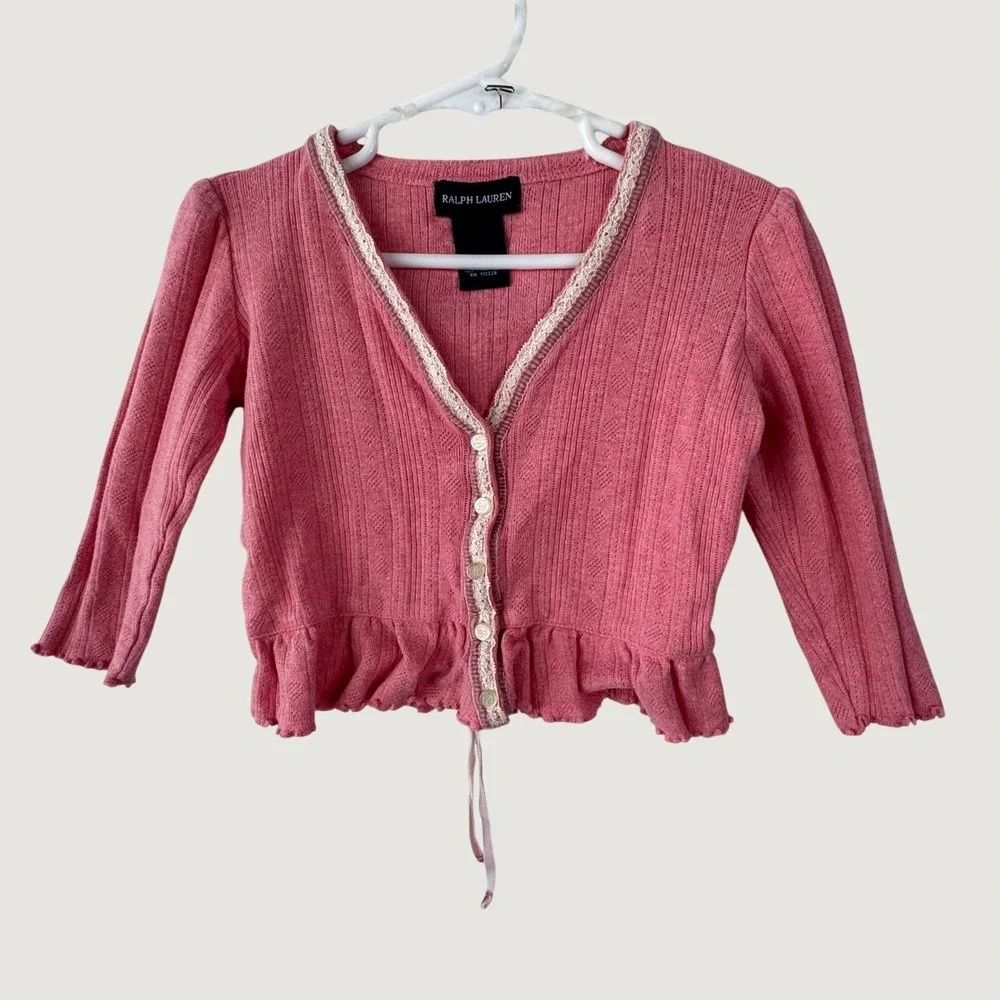 Ralph‎ Lauren Cardigan Sweater Baby 18M Pink Cottagecore Peplum Ruffle Lace Trim